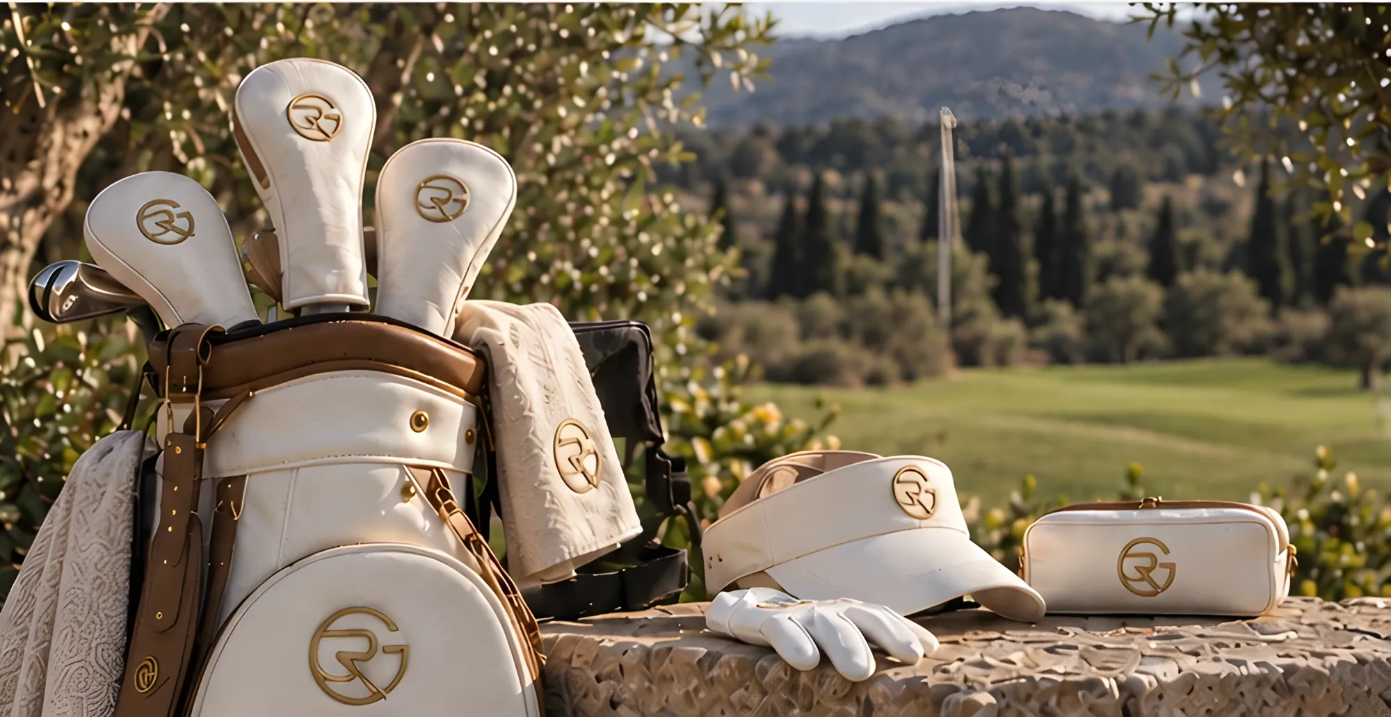 Cream GasaRoca golf bag, head covers, visor, glove and pouch with the gold GR monogram
